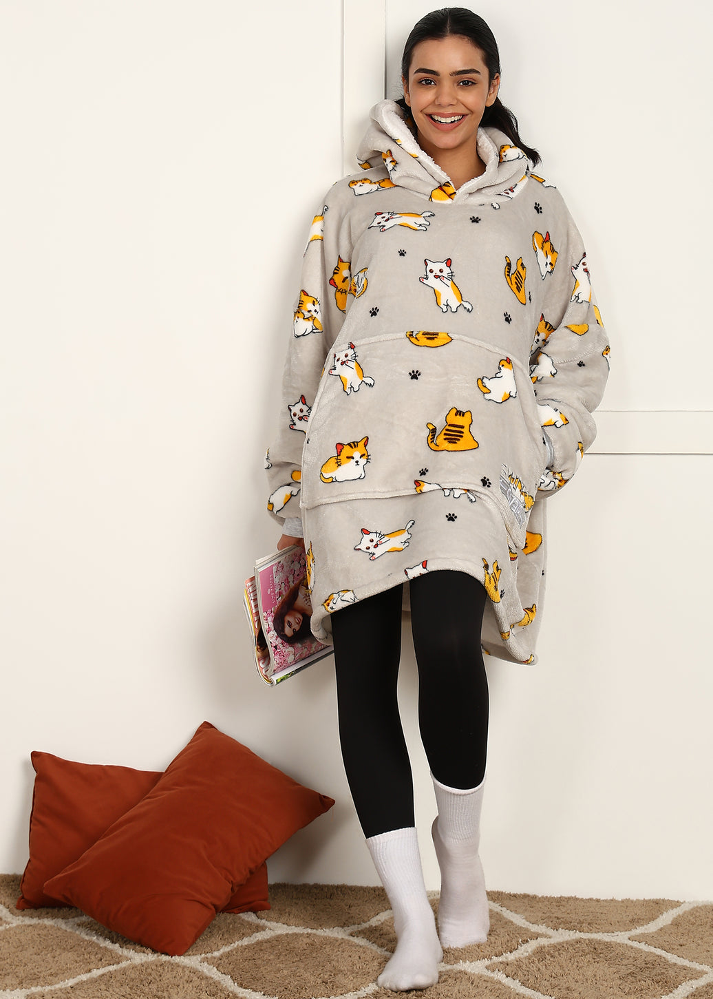 Cozy Cat Printed Wearable Sherpa Unisex Blanket Hoodie