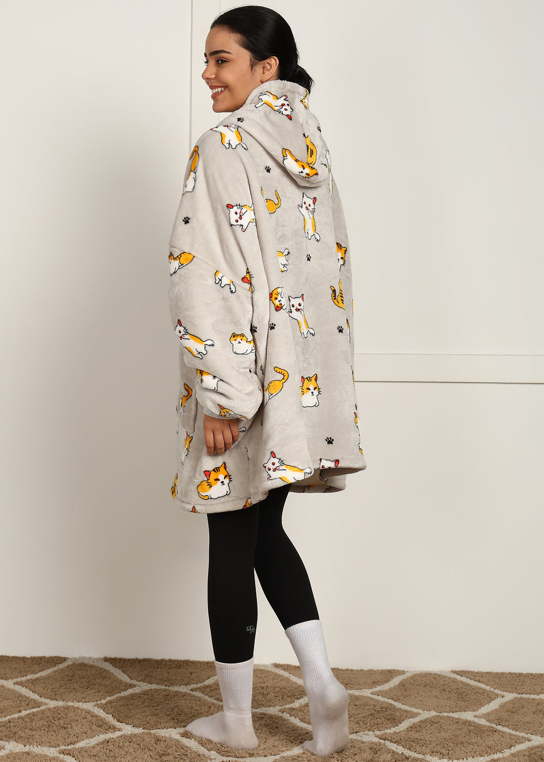 Cozy Cat Printed Wearable Sherpa Unisex Blanket Hoodie