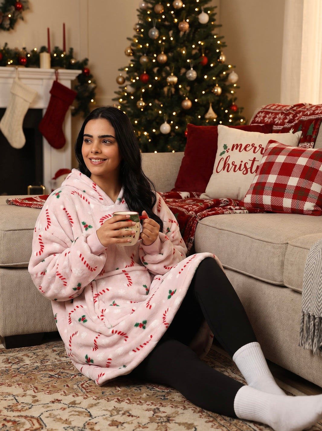 Candy Cane Pink Unisex Wearable Blanket Hoodie