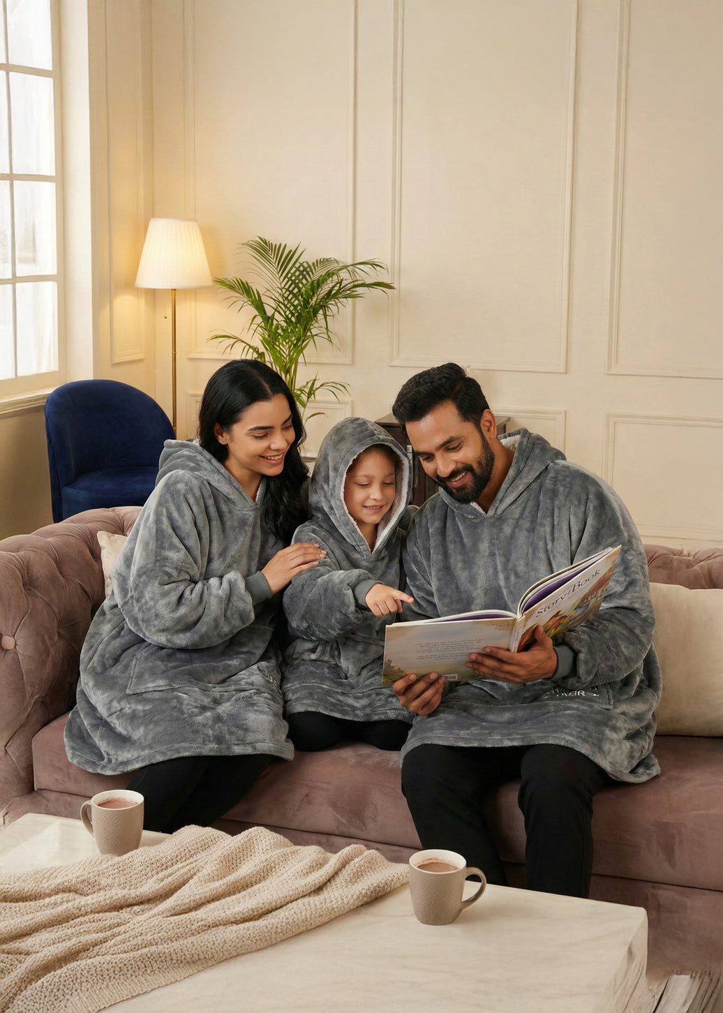 Grey Solid Wearable Sherpa Unisex Blanket Hoodie – Family Pack (2 Adults + 1 Kid)