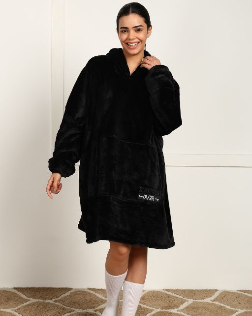 Black Solid Wearable Sherpa Unisex Blanket Hoodie