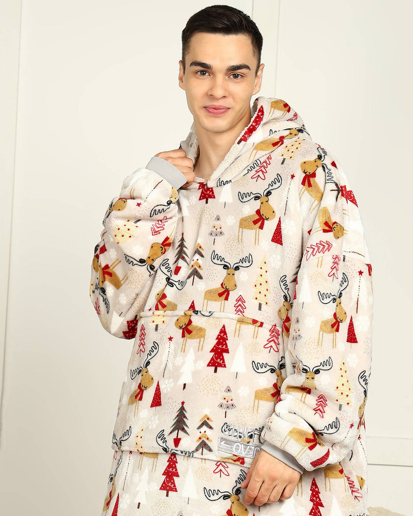 Christmas Reindeer Printed Wearable Sherpa Unisex Blanket Hoodie