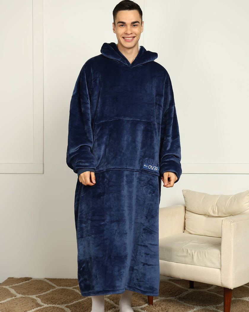 Navy Blue Extra Long Wearable Sherpa Unisex Blanket Hoodie