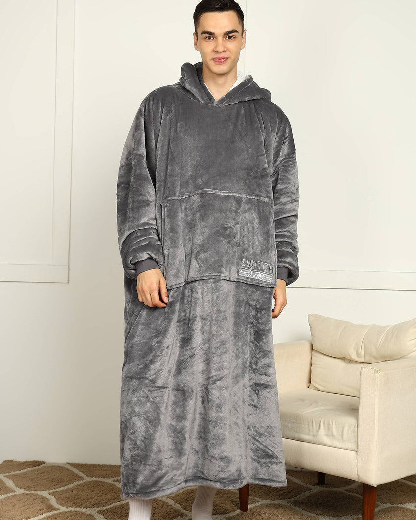 Grey Extra Long Wearable Sherpa Unisex Blanket Hoodie