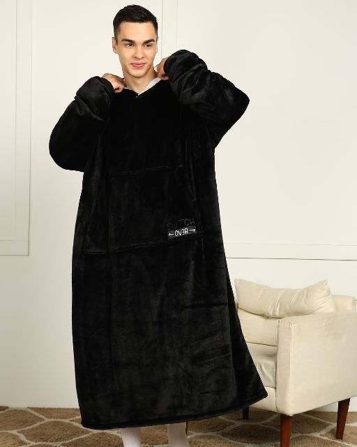 Black Extra Long Wearable Sherpa Unisex Blanket Hoodie