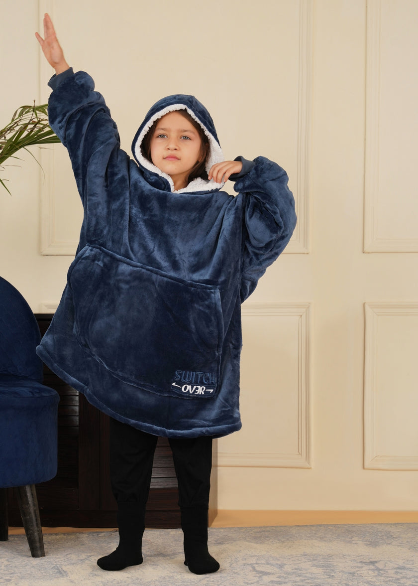 Navy Wearable Sherpa Blanket Hoodies for Children | Thick & Warm, Oversized Hoodie