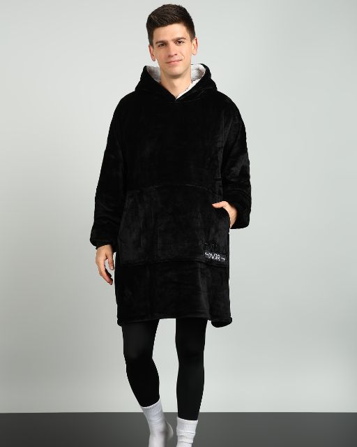 Black Solid Wearable Sherpa Unisex Blanket Hoodie