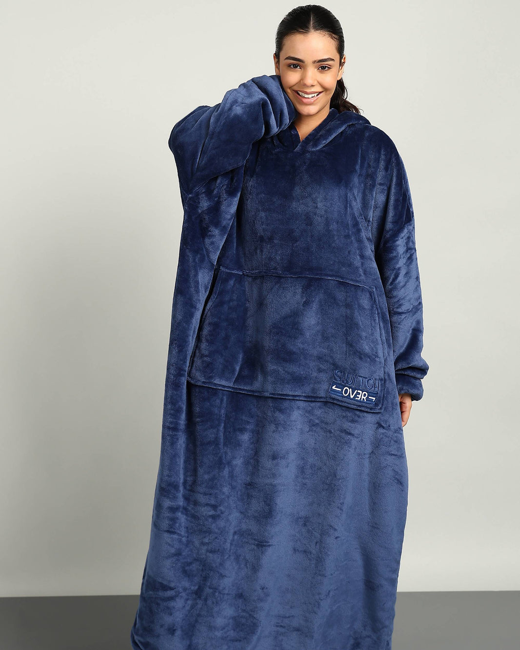 Navy Blue Extra Long Wearable Sherpa Unisex Blanket Hoodie