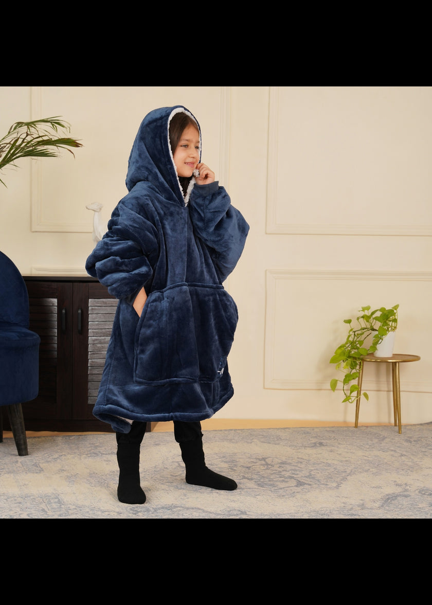Navy Wearable Sherpa Blanket Hoodies for Children | Thick & Warm, Oversized Hoodie