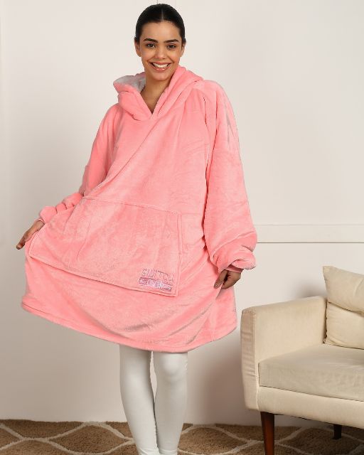 Pink Solid Wearable Sherpa Unisex Blanket Hoodie