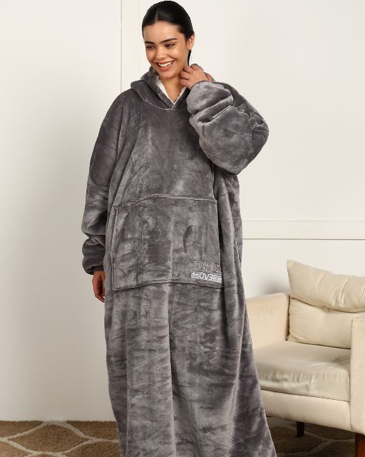 Grey Extra Long Wearable Sherpa Unisex Blanket Hoodie