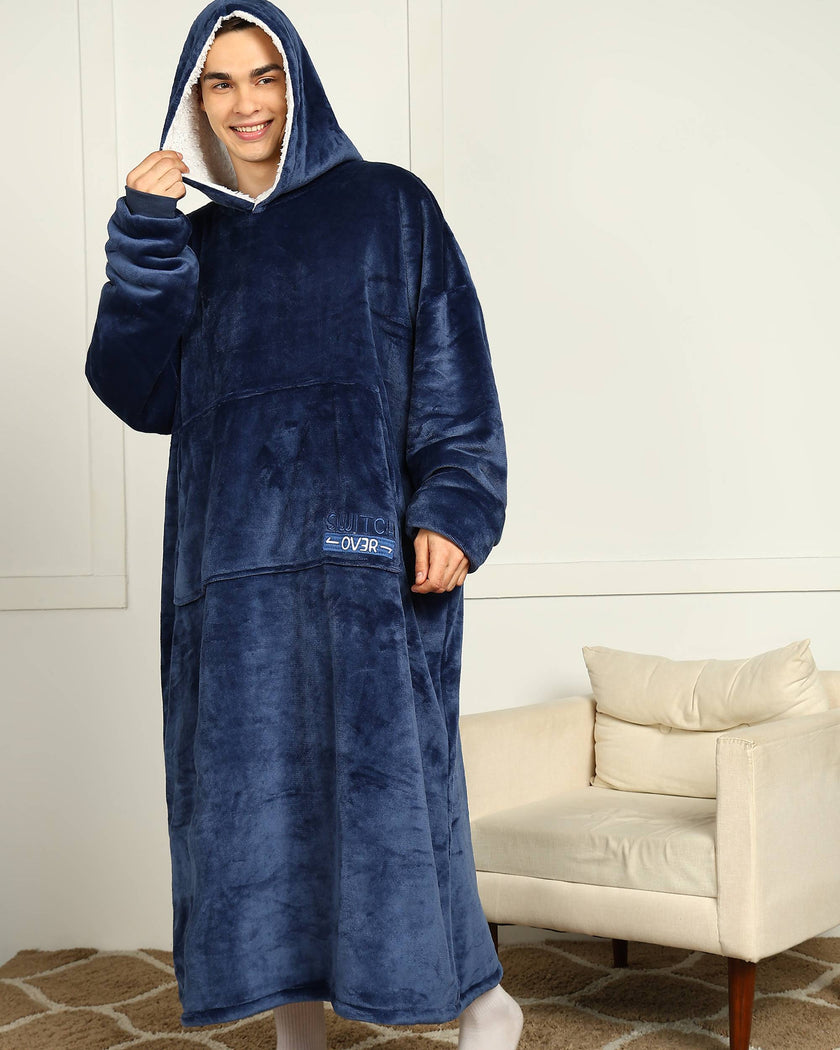 Navy Blue Extra Long Wearable Sherpa Unisex Blanket Hoodie