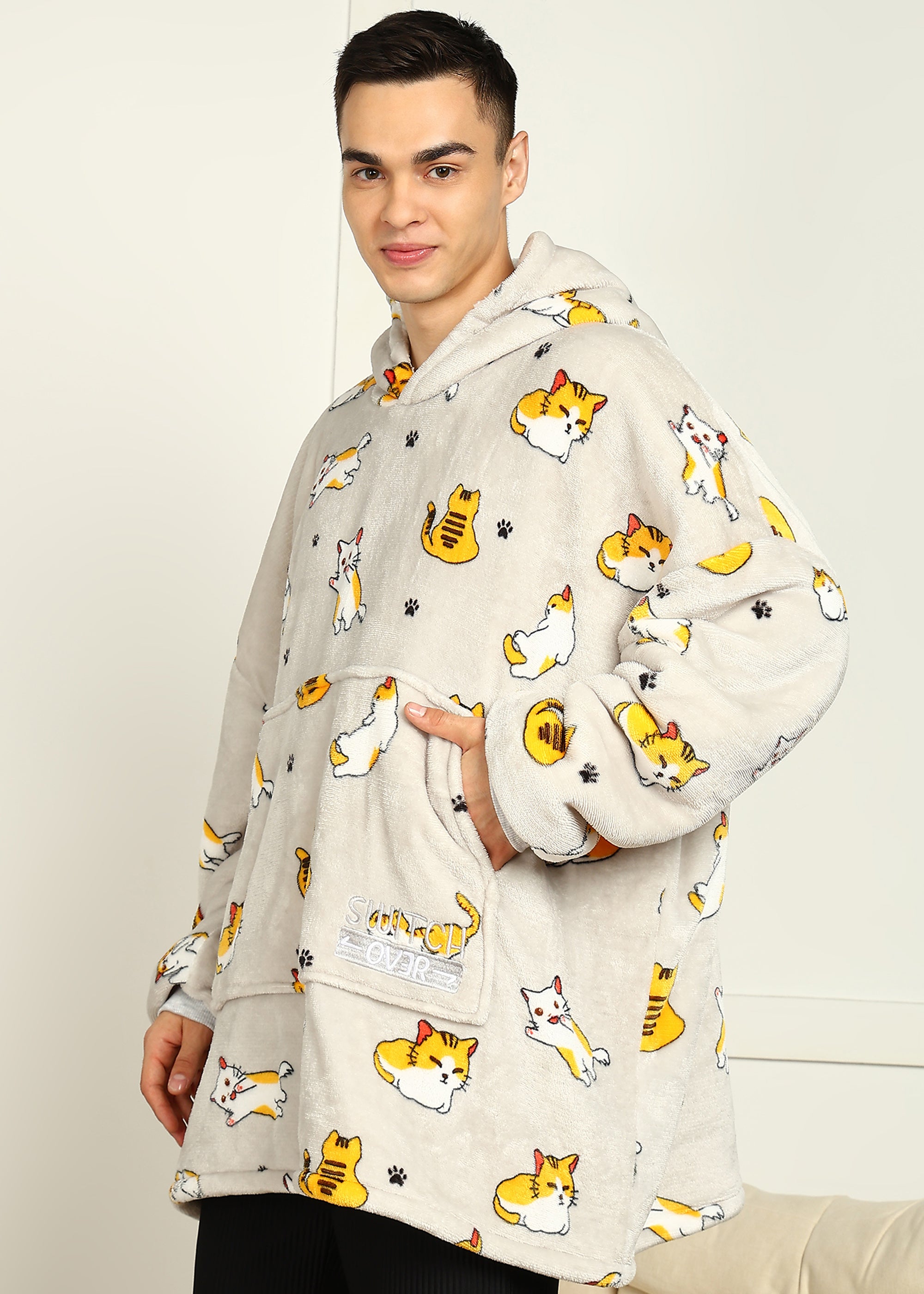 Cozy Cat Printed Wearable Sherpa Blanket Hoodie - The Switchover