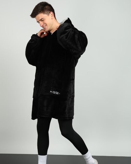 Black Solid Wearable Sherpa Unisex Blanket Hoodie