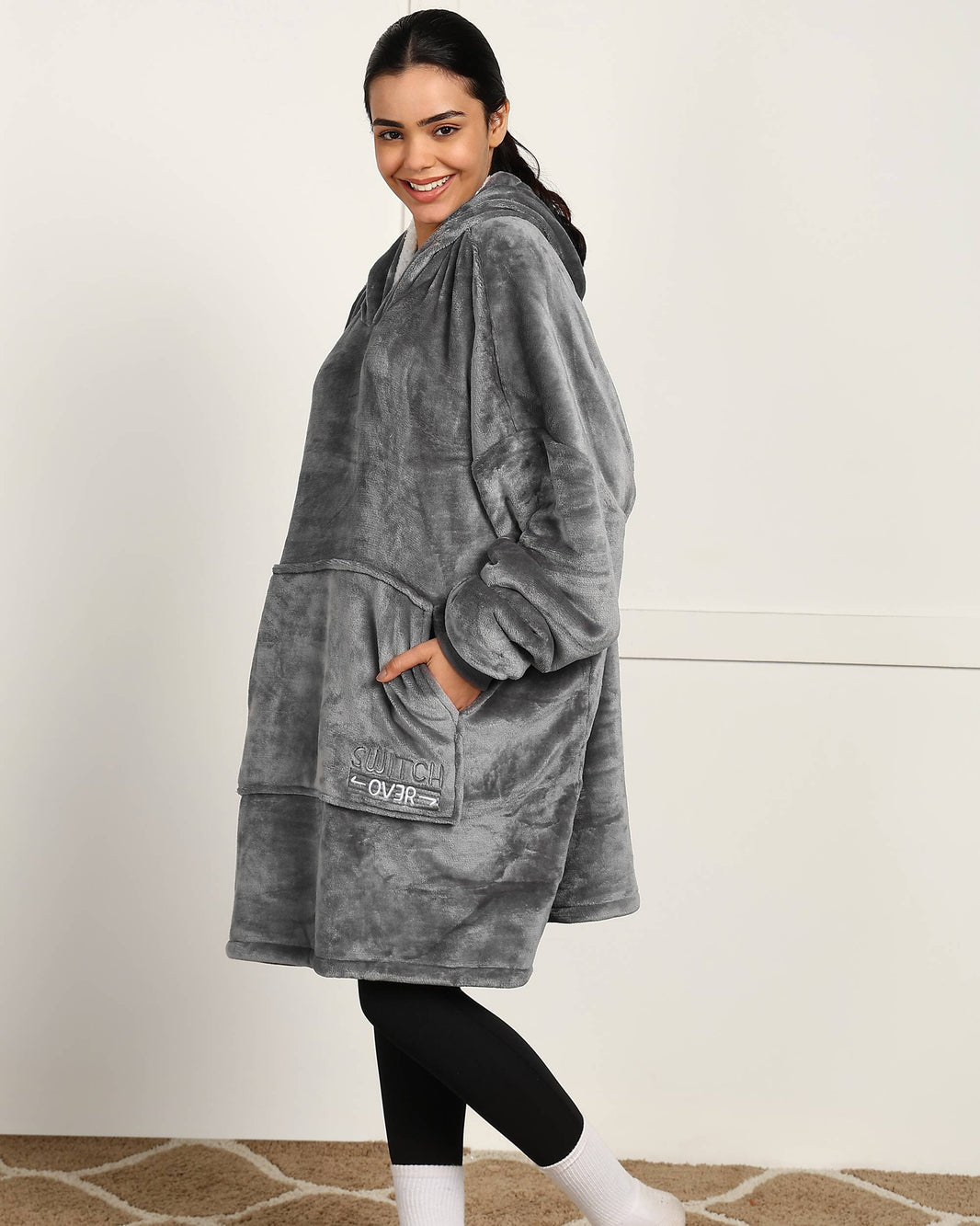 Grey Solid Wearable Sherpa Unisex Blanket Hoodie