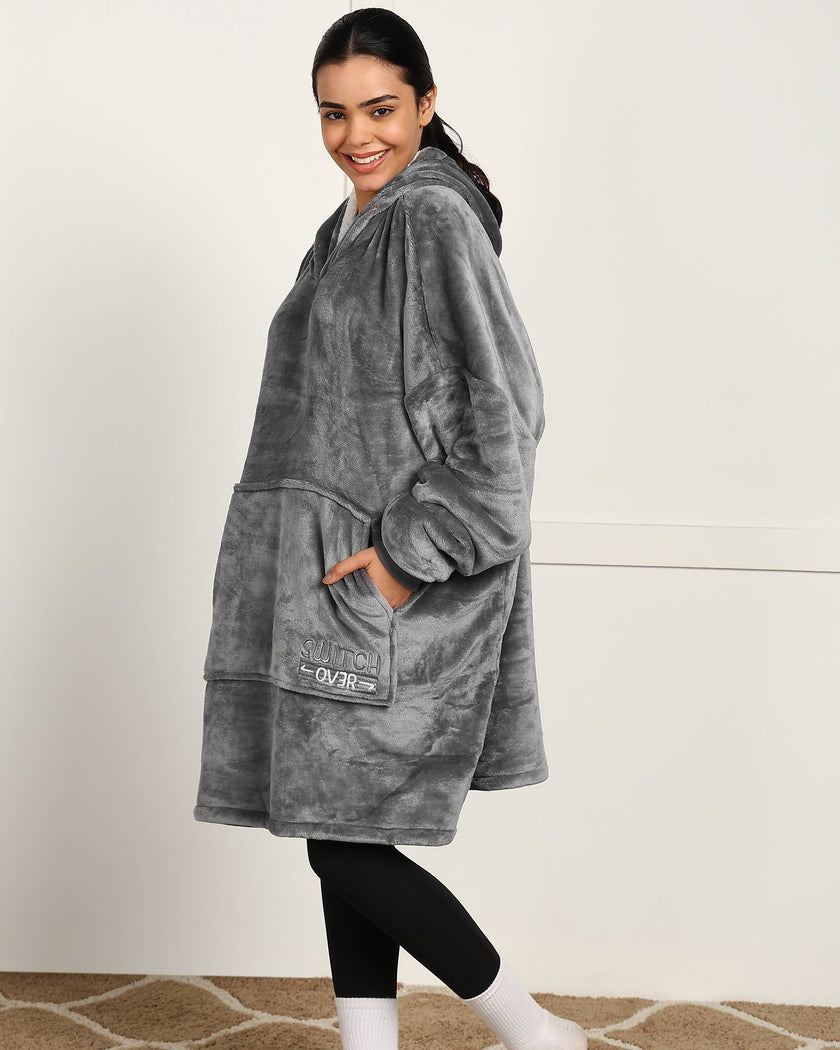 Grey Solid Wearable Sherpa Unisex Blanket Hoodie