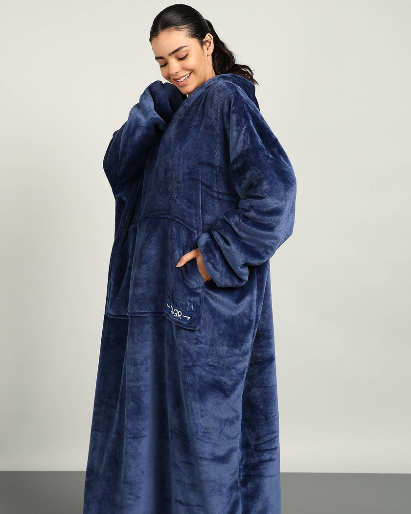 Navy Blue Extra Long Wearable Sherpa Unisex Blanket Hoodie