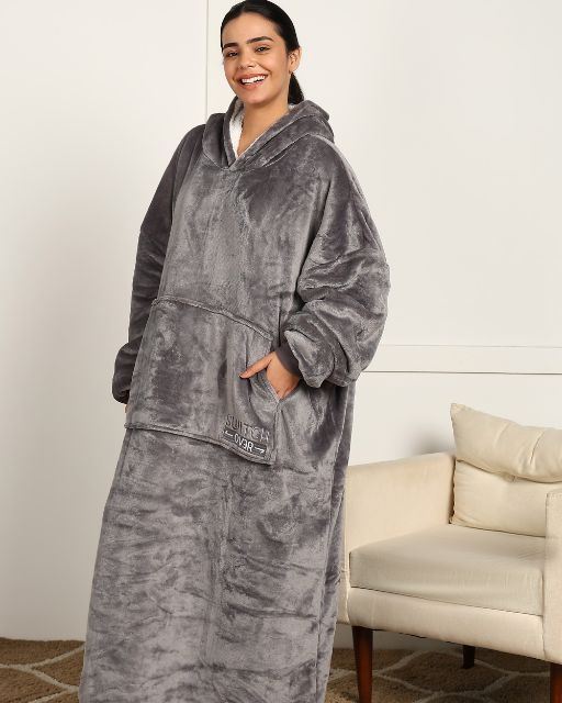 Grey Extra Long Wearable Sherpa Unisex Blanket Hoodie