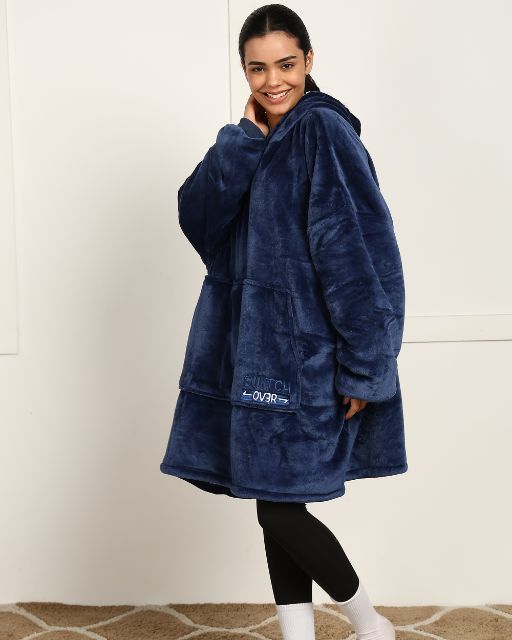 Navy Blue Solid Wearable Sherpa Unisex Blanket Hoodie