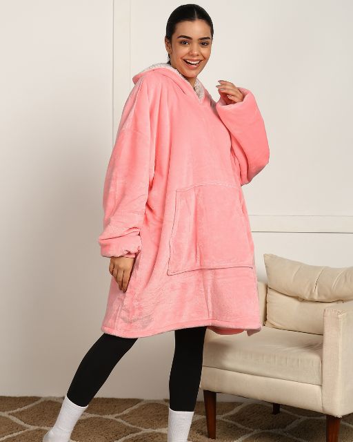 Pink Solid Wearable Sherpa Unisex Blanket Hoodie