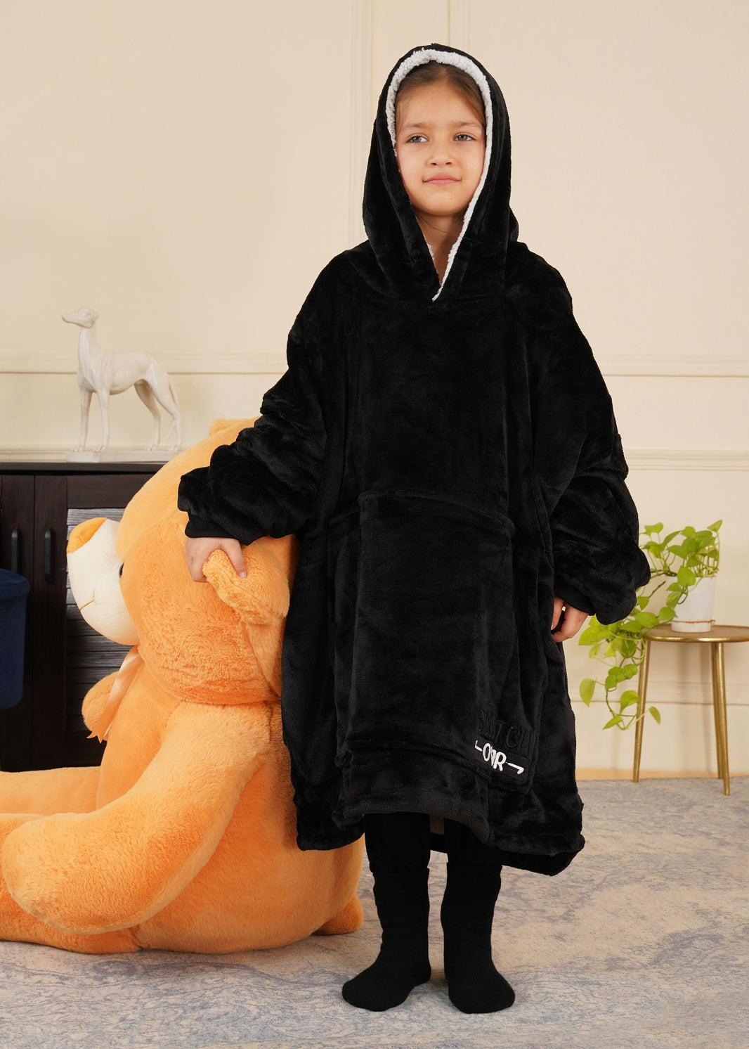 Black Wearable Sherpa Blanket Hoodies for Children | Thick & Warm, Oversized Hoodie