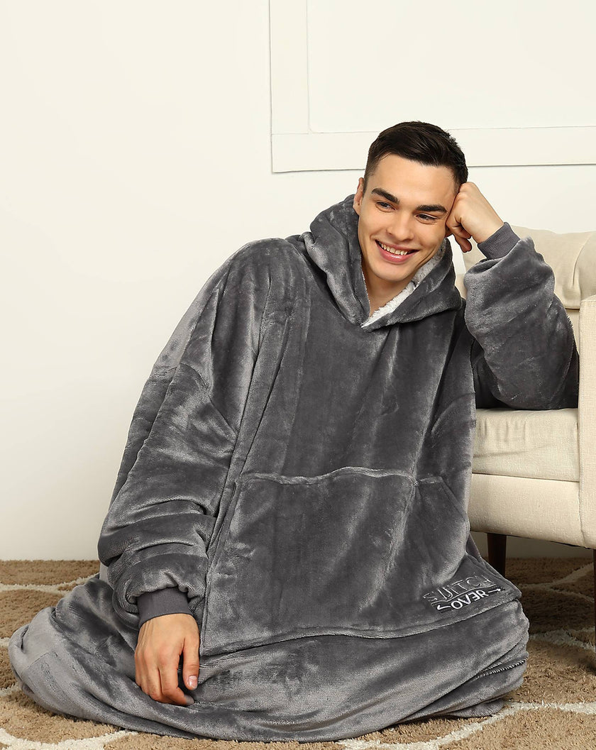 Grey Extra Long Wearable Sherpa Unisex Blanket Hoodie