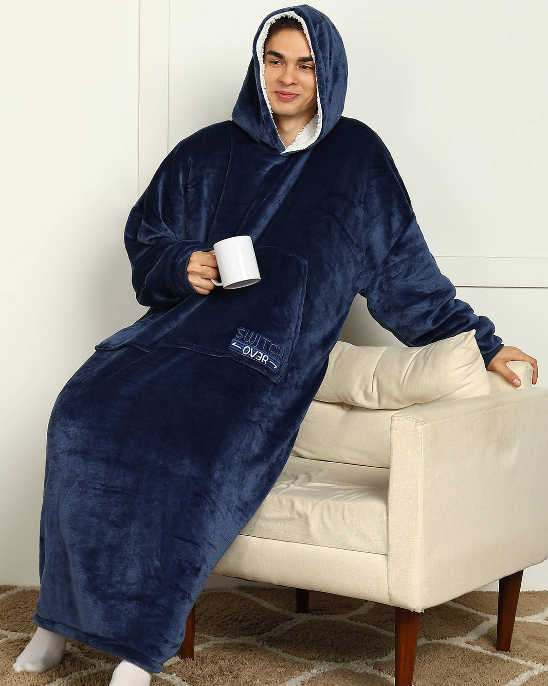 Navy Blue Extra Long Wearable Sherpa Unisex Blanket Hoodie