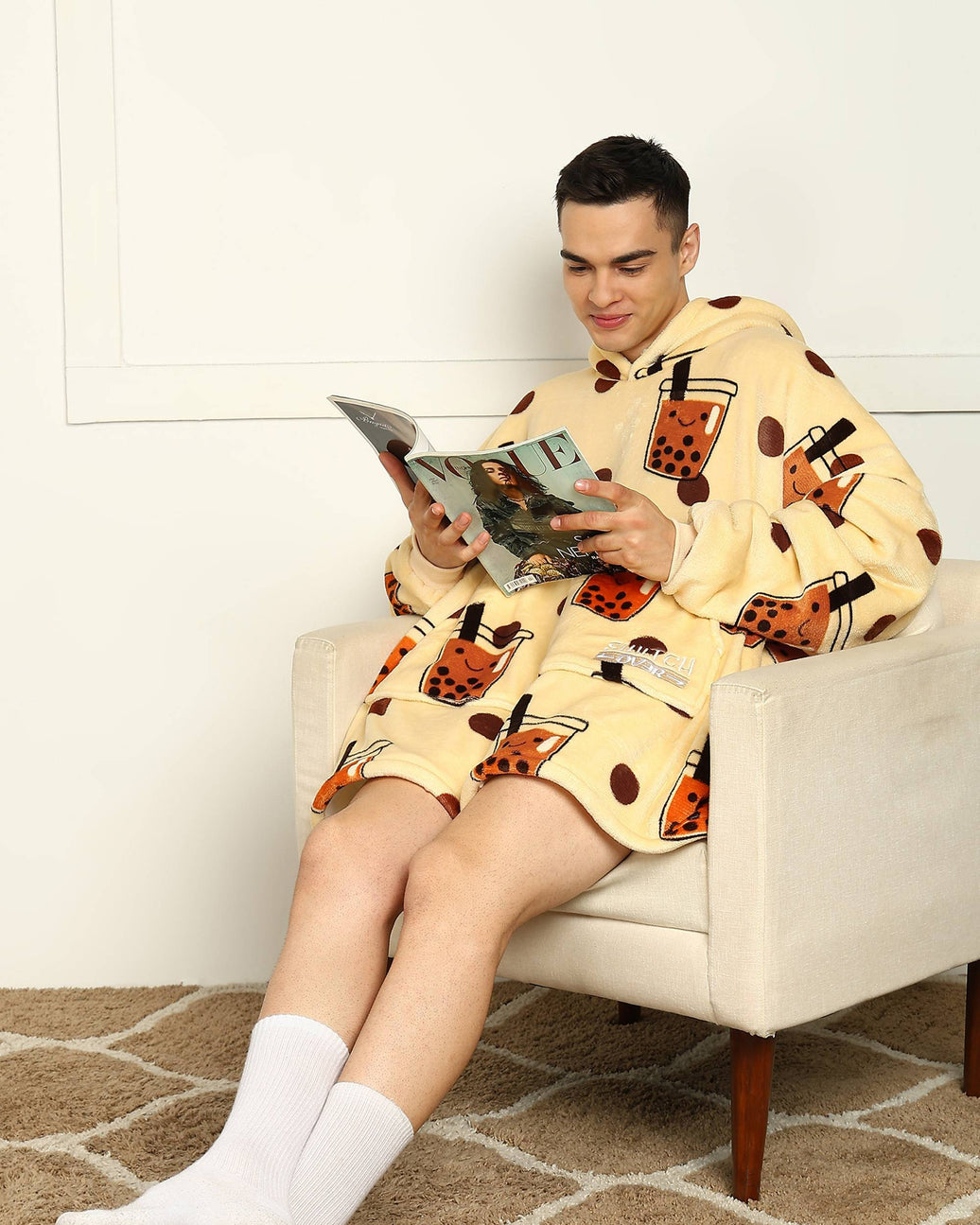 Boba Tea Printed Wearable Sherpa Unisex Blanket Hoodie