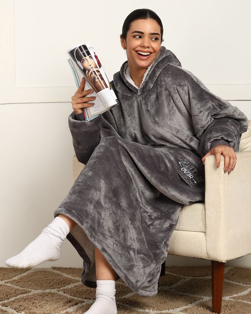 Grey Extra Long Wearable Sherpa Unisex Blanket Hoodie