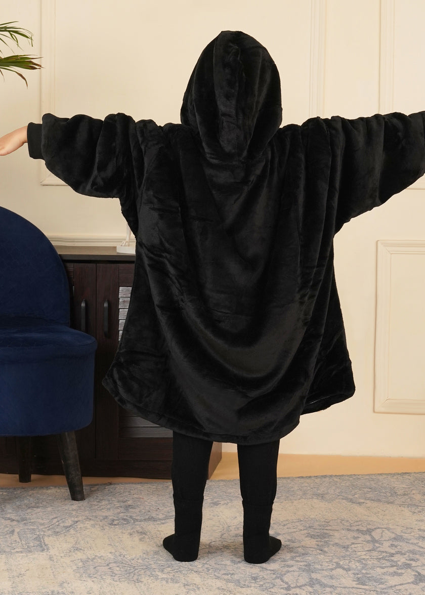 Black Wearable Sherpa Blanket Hoodies for Children | Thick & Warm, Oversized Hoodie