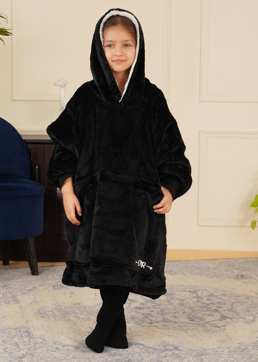 Black Wearable Sherpa Blanket Hoodies for Children | Thick & Warm, Oversized Hoodie