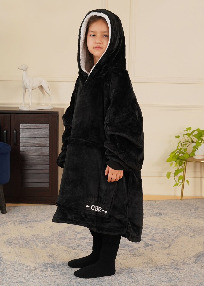 Black Wearable Sherpa Blanket Hoodies for Children | Thick & Warm, Oversized Hoodie