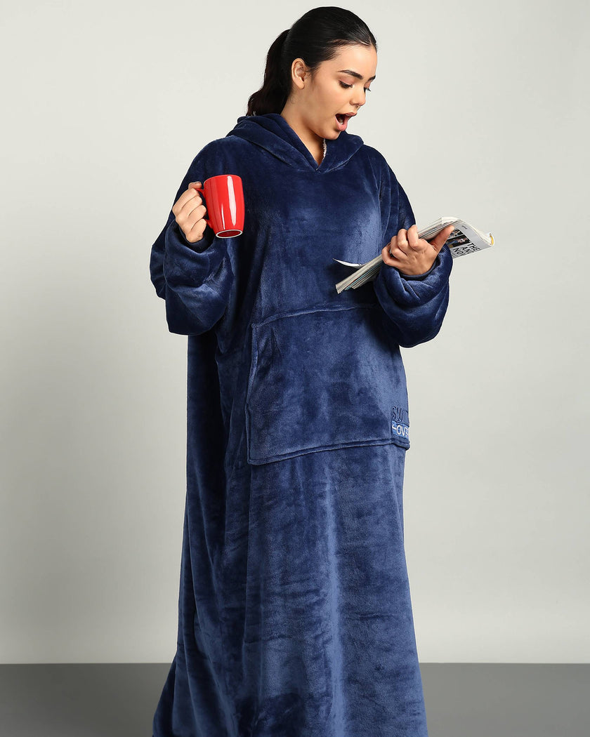 Navy Blue Extra Long Wearable Sherpa Unisex Blanket Hoodie