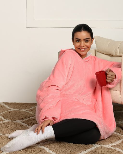 Pink Solid Wearable Sherpa Unisex Blanket Hoodie