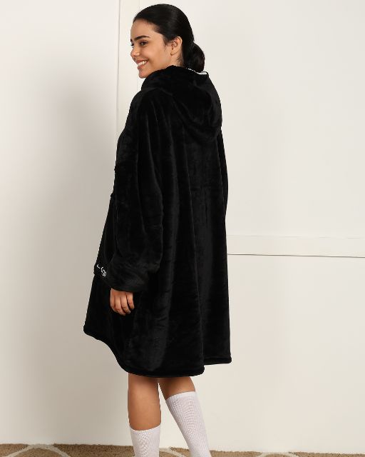 Black Solid Wearable Sherpa Unisex Blanket Hoodie