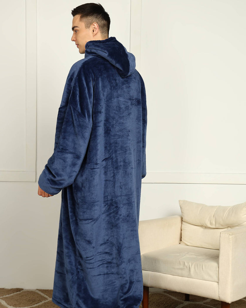 Navy Blue Extra Long Wearable Sherpa Unisex Blanket Hoodie