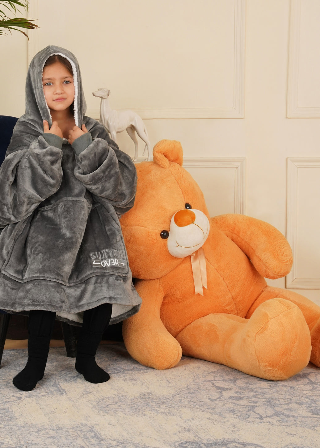 Grey Wearable Sherpa Blanket Hoodies for Children | Thick & Warm, Oversized Hoodie Blanket