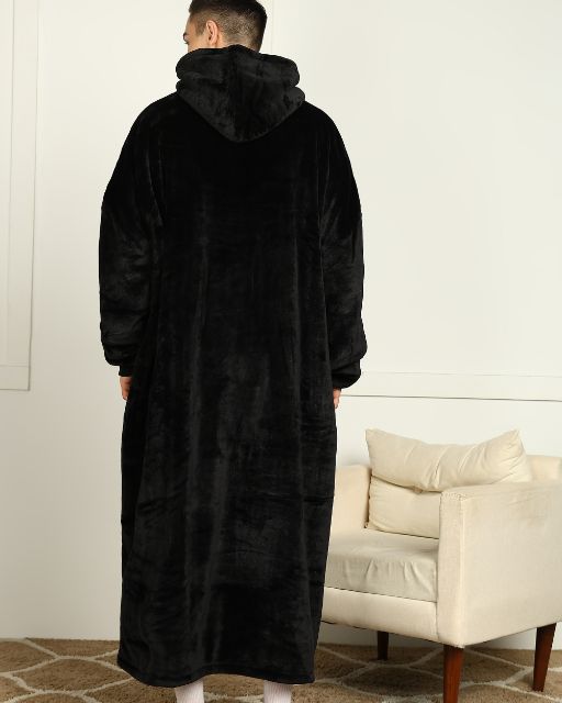 Black Extra Long Wearable Sherpa Unisex Blanket Hoodie