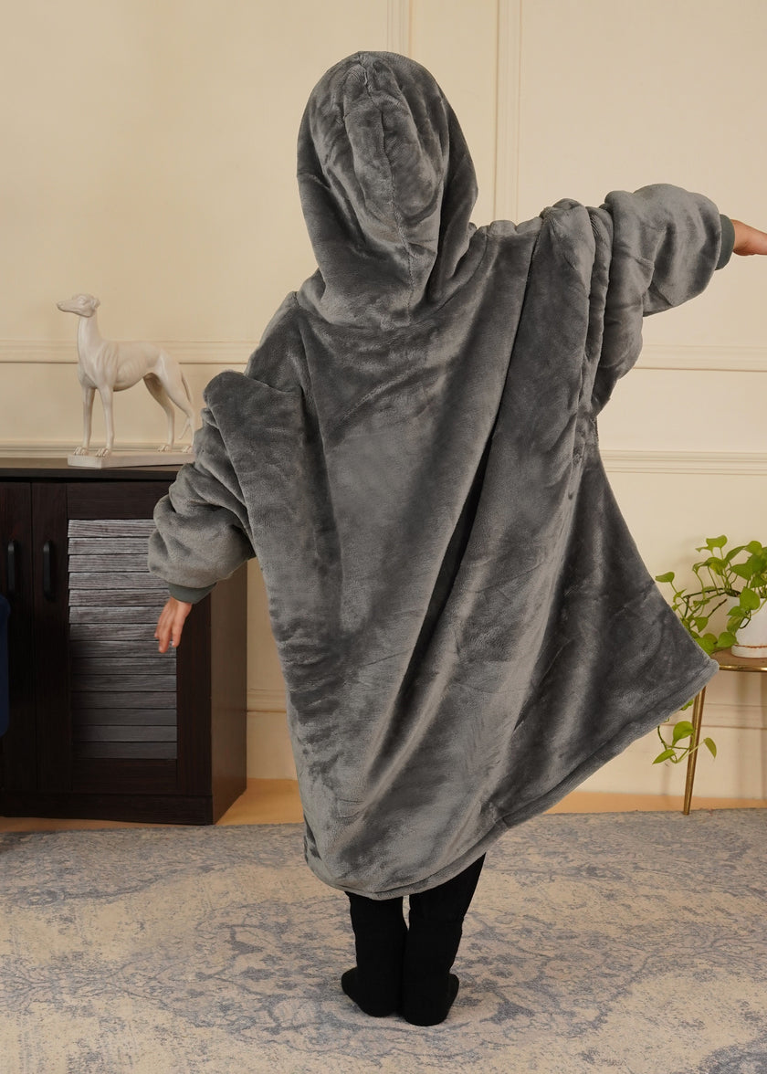 Grey Wearable Sherpa Blanket Hoodies for Children | Thick & Warm, Oversized Hoodie Blanket