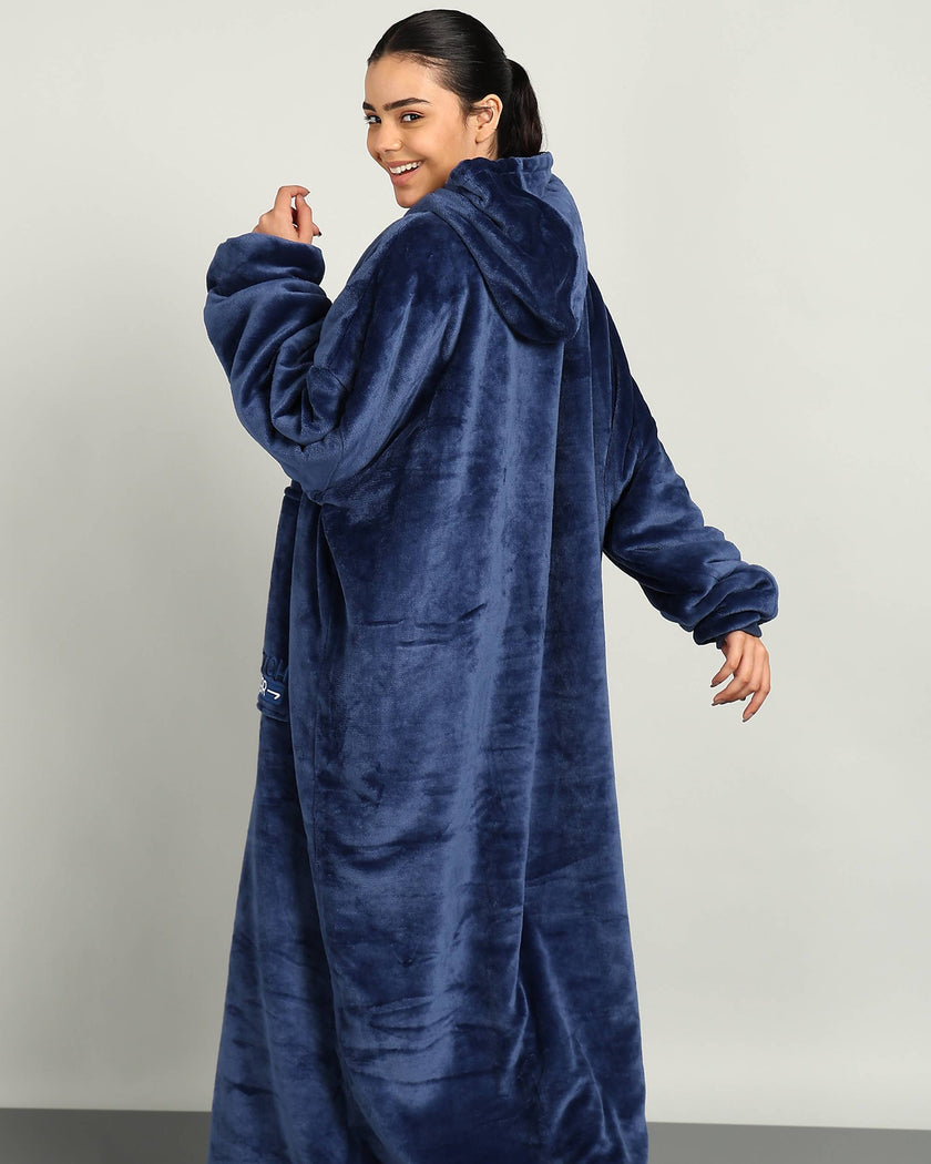 Navy Blue Extra Long Wearable Sherpa Unisex Blanket Hoodie