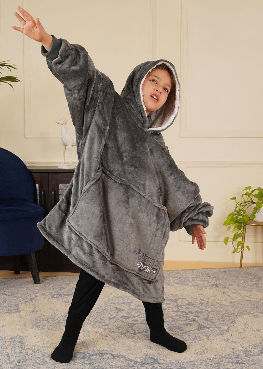 Grey Wearable Sherpa Blanket Hoodies for Children | Thick & Warm, Oversized Hoodie Blanket