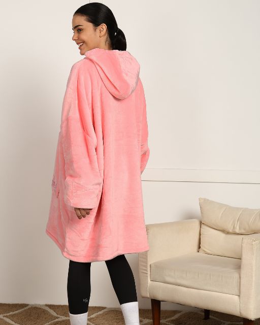 Pink Solid Wearable Sherpa Unisex Blanket Hoodie