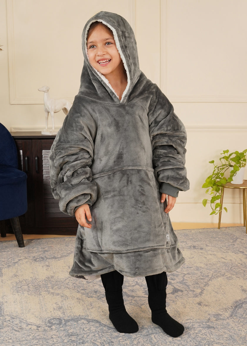 Grey Wearable Sherpa Blanket Hoodies for Children | Thick & Warm, Oversized Hoodie Blanket