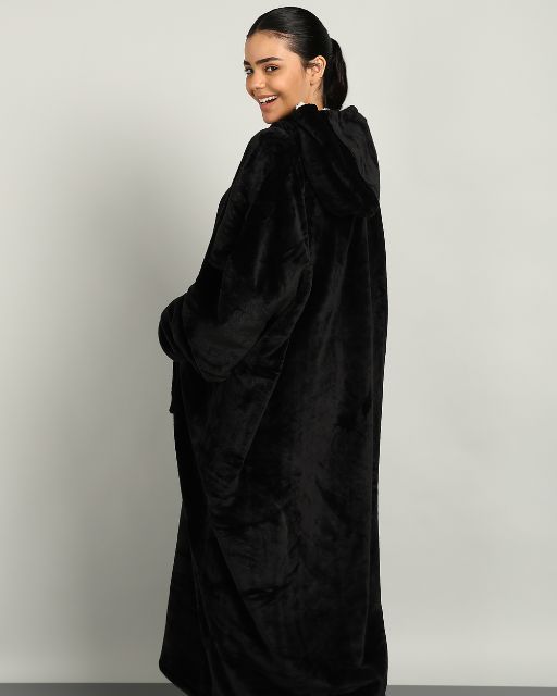 Black Extra Long Wearable Sherpa Unisex Blanket Hoodie