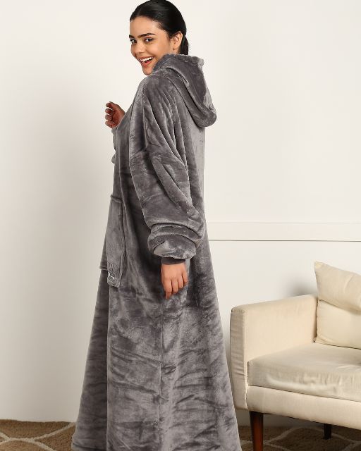 Grey Extra Long Wearable Sherpa Unisex Blanket Hoodie