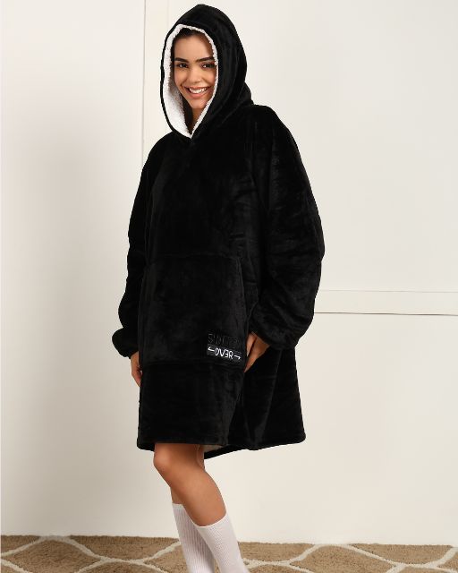 Black Solid Wearable Sherpa Unisex Blanket Hoodie