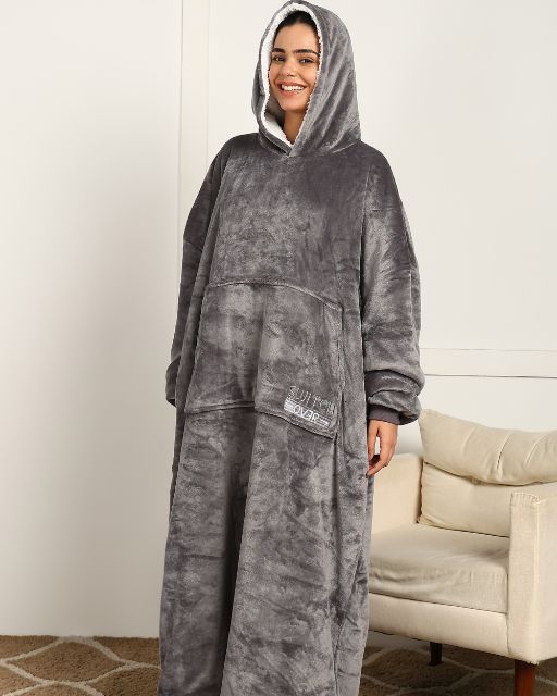 Grey Extra Long Wearable Sherpa Unisex Blanket Hoodie