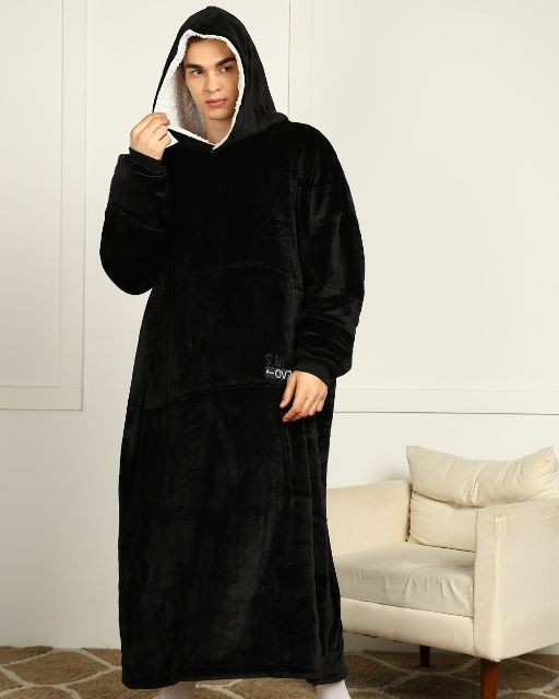 Black Extra Long Wearable Sherpa Unisex Blanket Hoodie