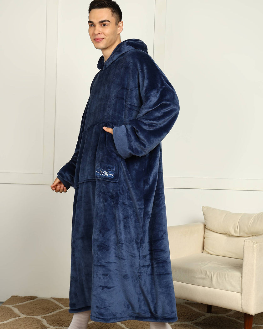 Navy Blue Extra Long Wearable Sherpa Unisex Blanket Hoodie