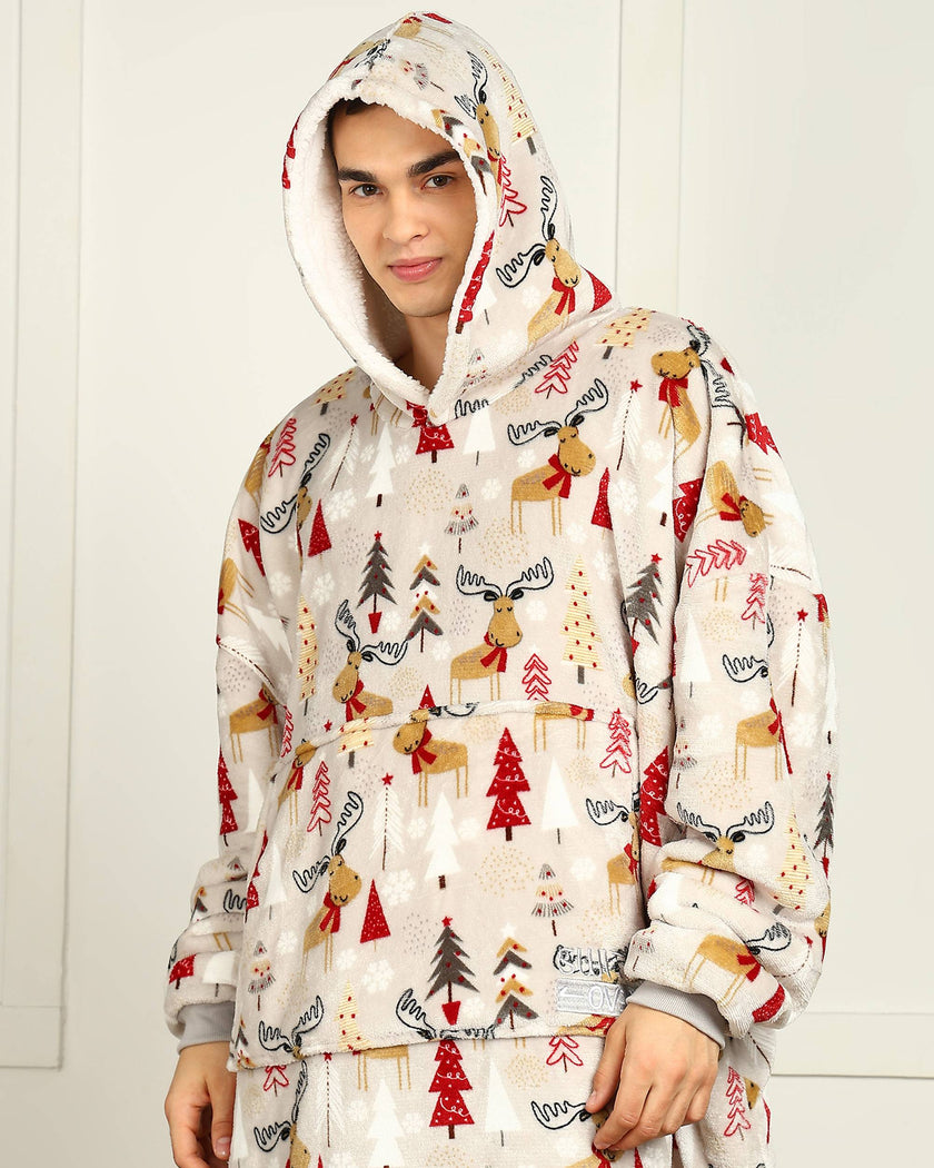 Christmas Reindeer Printed Wearable Sherpa Unisex Blanket Hoodie